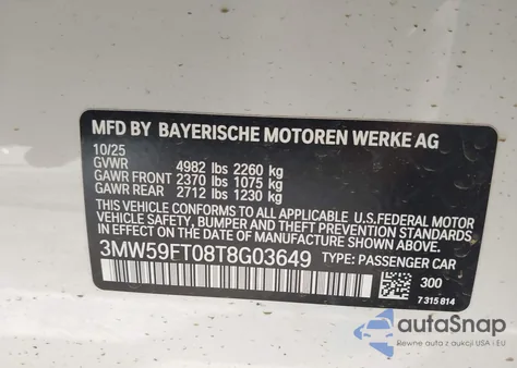 2026 BMW M340I Na z USA, uszkodzony, nr VIN 3MW59FT08T8G03649